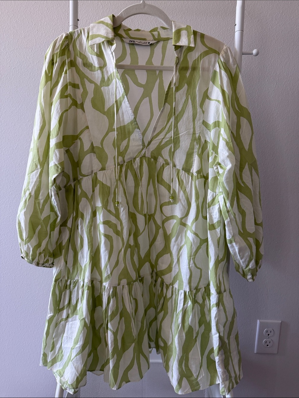 Zara White and Light Green Printed Mini Dress
